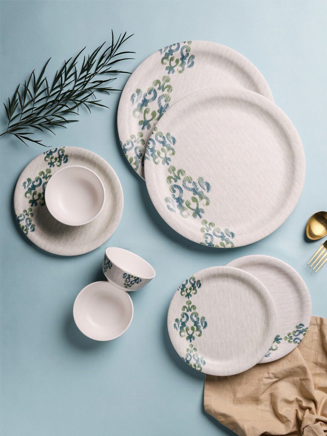 Servewell White & Green 24 Pieces Floral Printed Melamine Matte Dinner Set Price in India