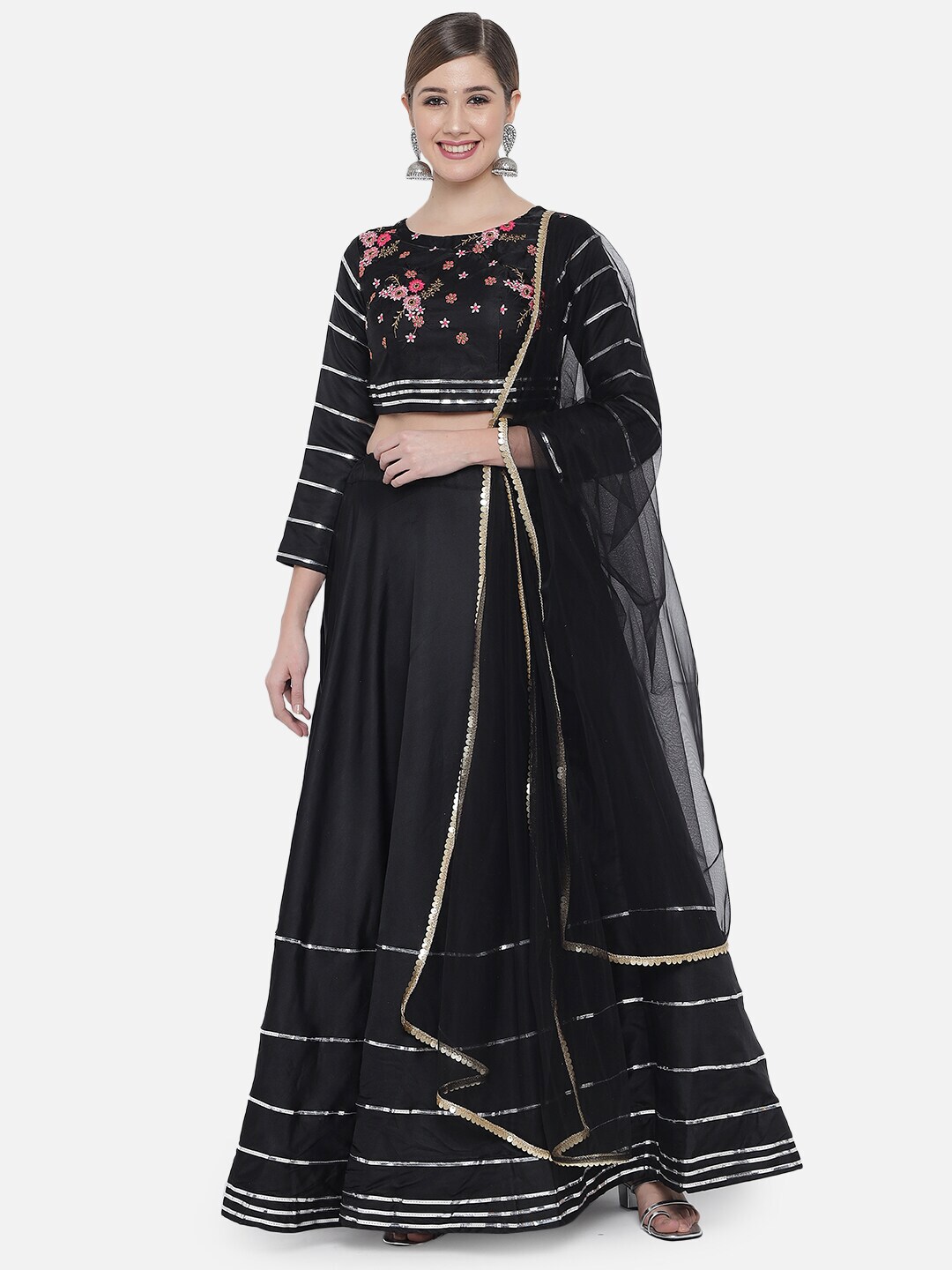 Mitera Black & Gold-Toned Embroidered Lehenga & Unstitched Blouse With Dupatta Price in India
