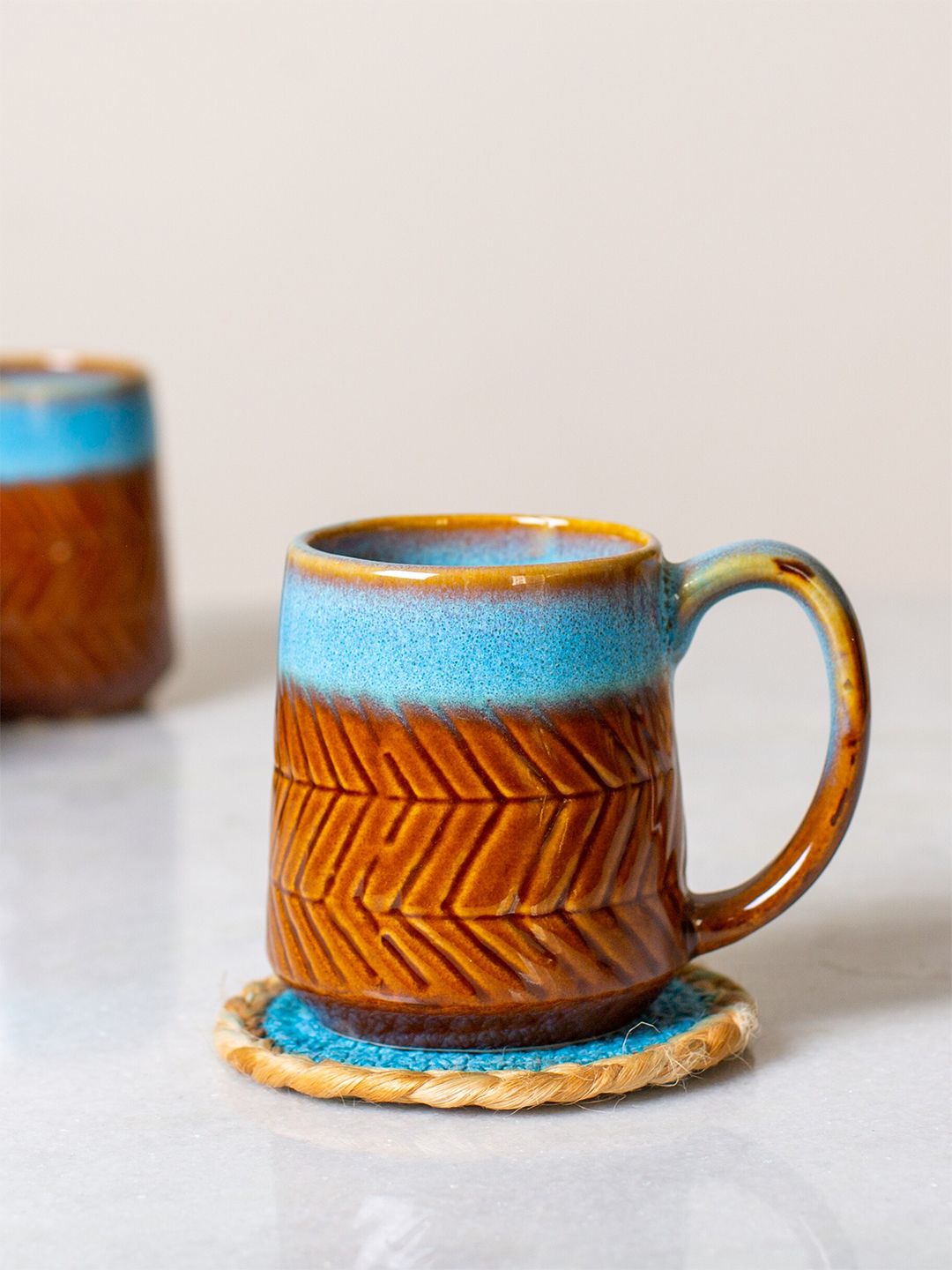 JASMEY HOMES Blue & Brown Handcrafted Textured Ceramic Glossy Mugs Price in India