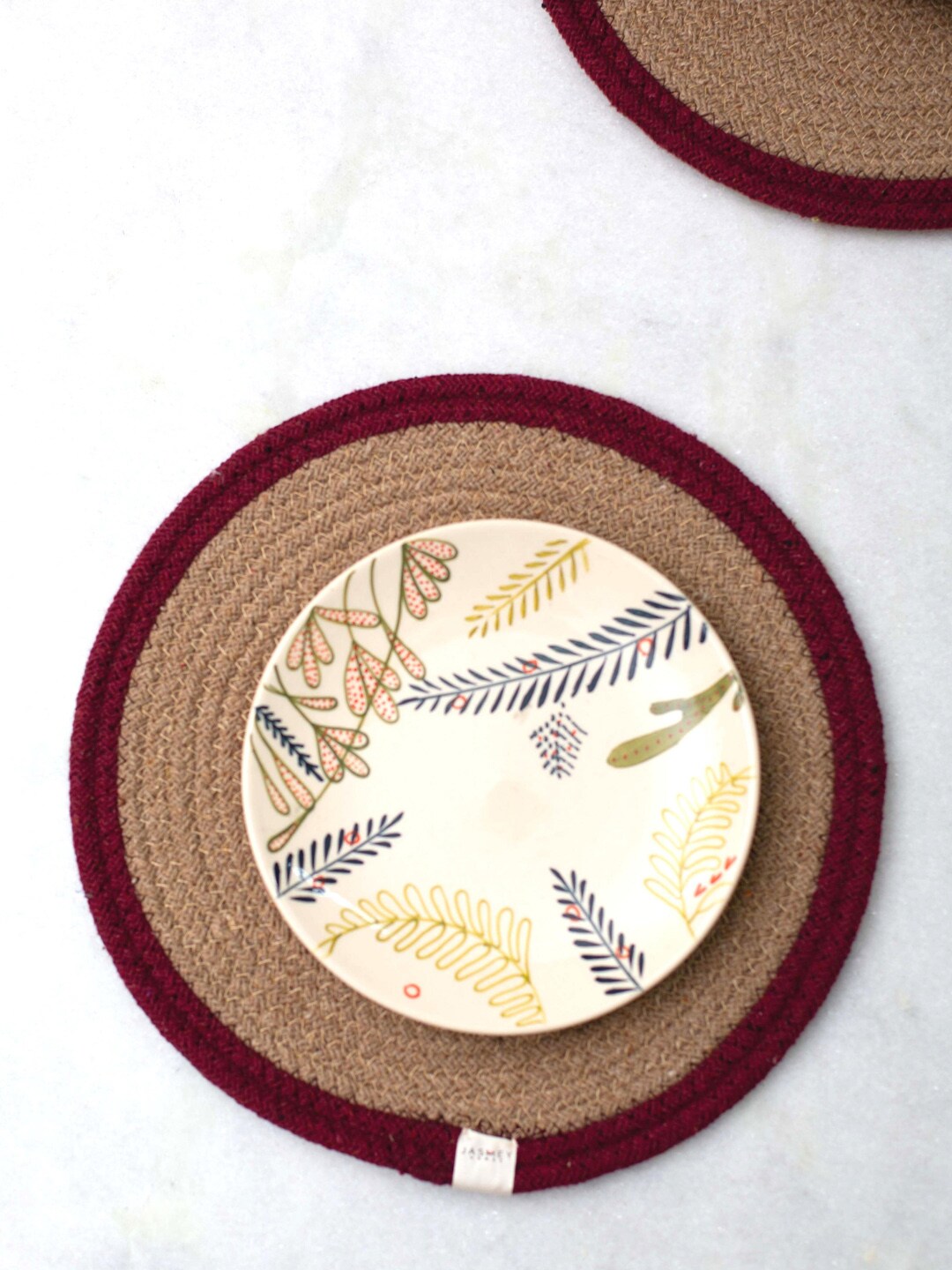 JASMEY HOMES Set of 2 Maroon & Beige Reversible Cotton Round Table Placemats Price in India