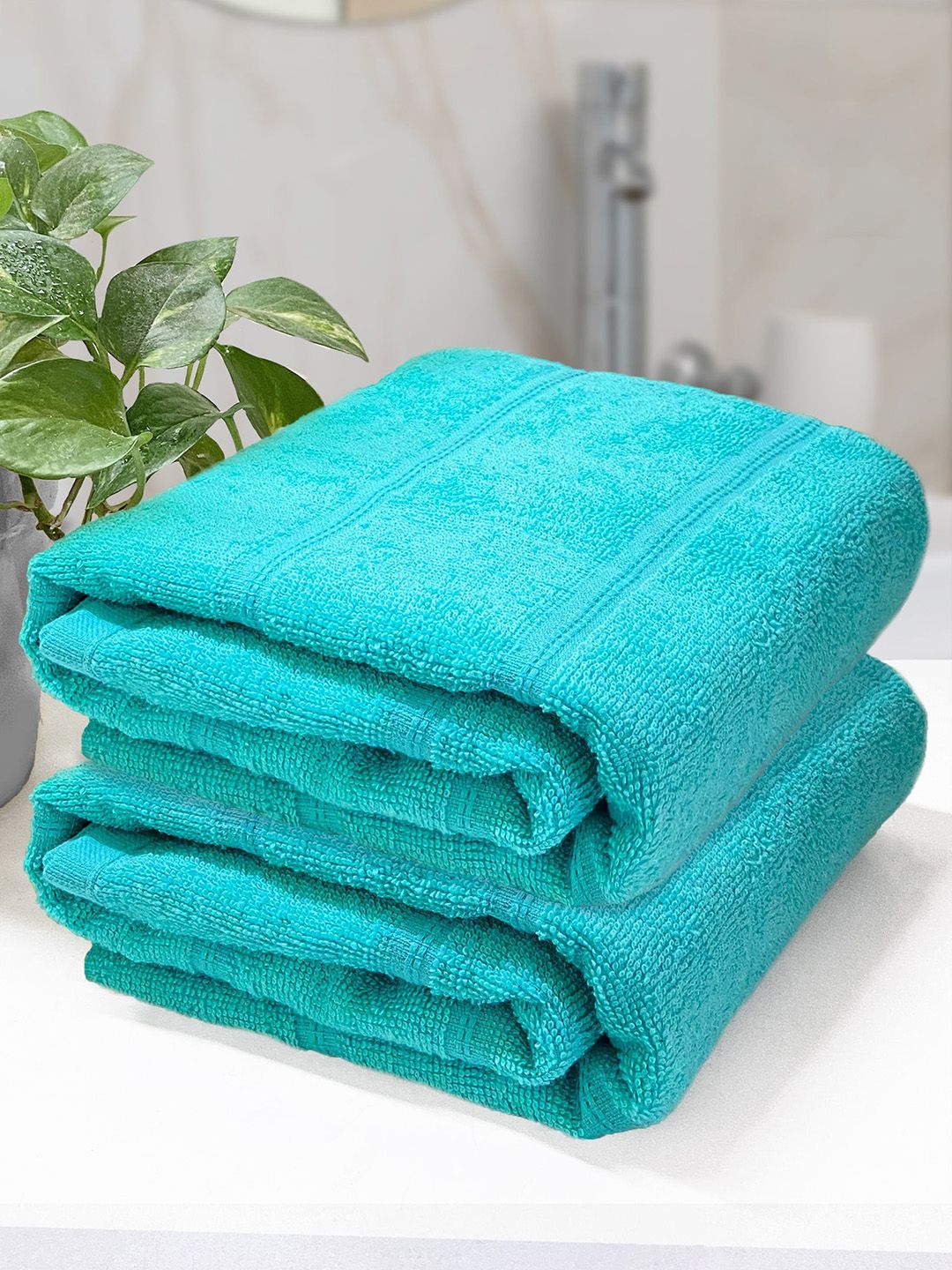 Heelium Set Of 2 Teal Blue Solid 250 GSM Bamboo Bath Towels Price in India