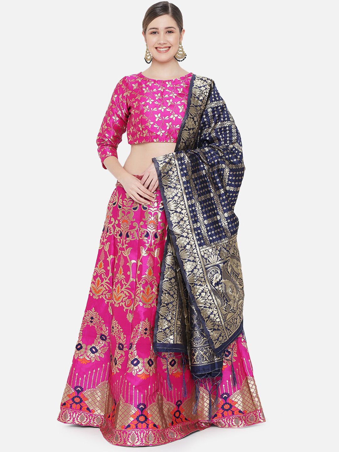DIVASTRI Pink & Blue Ready to Wear Banarasi Silk Lehenga & Unstitched Blouse With Dupatta Price in India