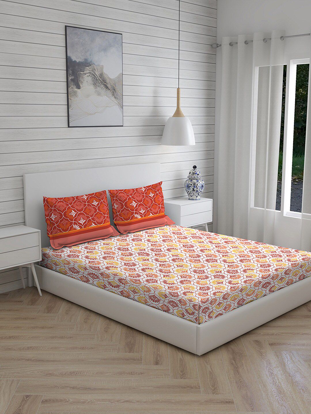 Layers Orange & White Floral Queen Bedsheet with 2 Pillow Covers Price in India