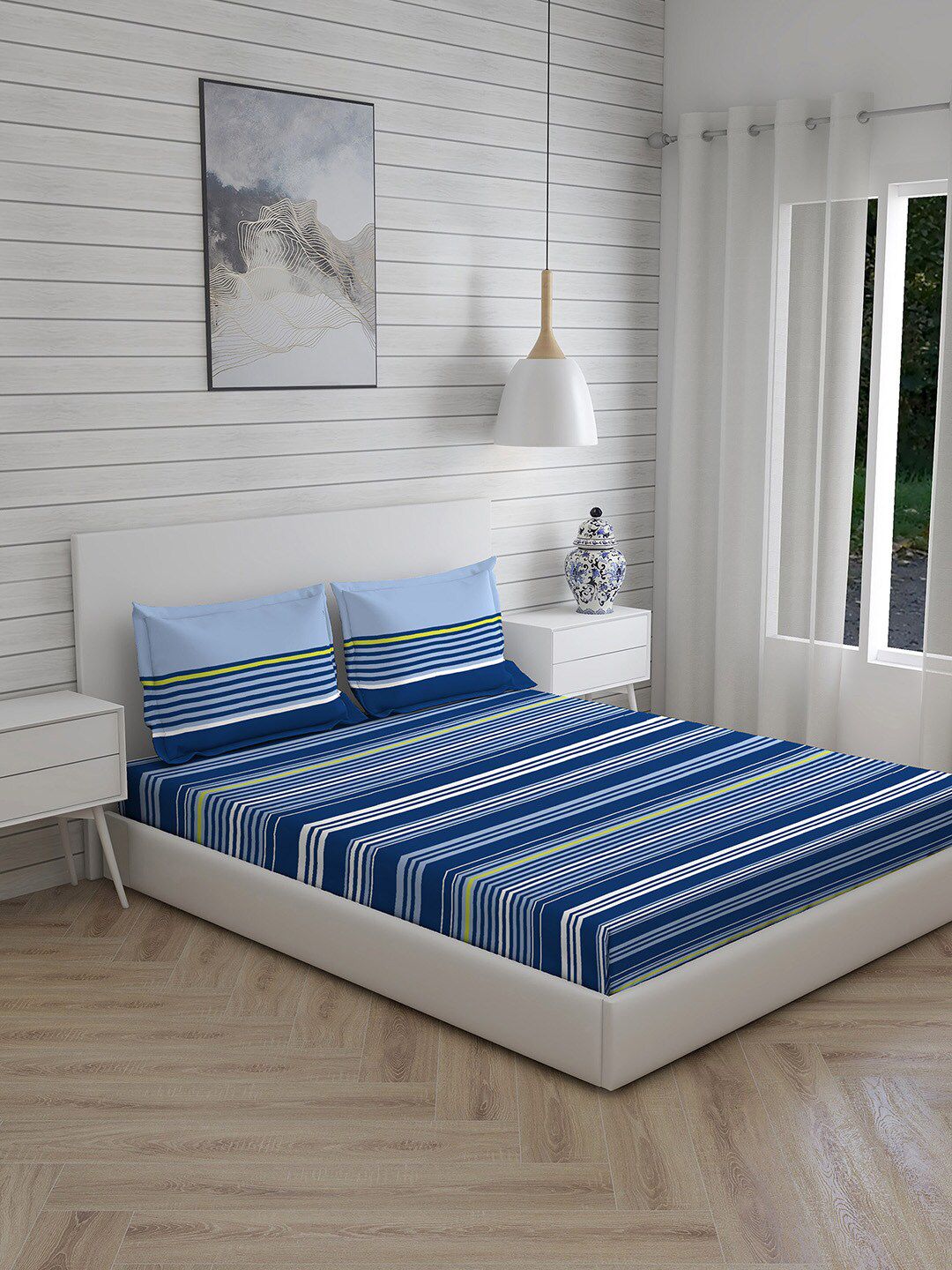 Layers Blue Striped 230 TC Queen Bedsheet With 2 Pillow Covers Price in India