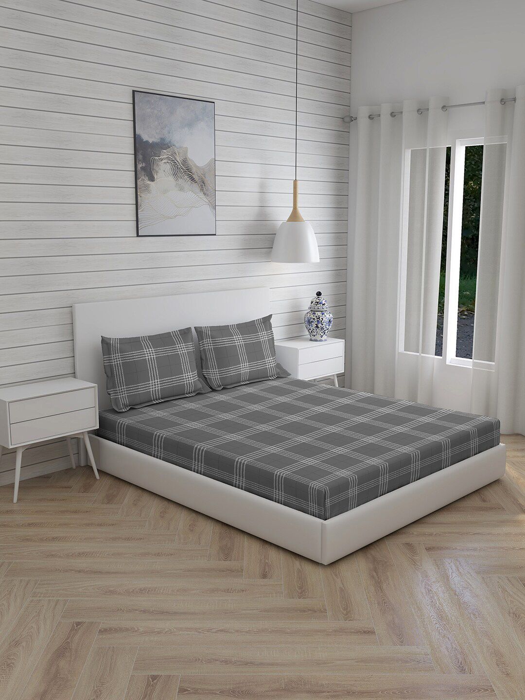 Layers Grey & White Geometric 144 TC King Bedsheet with 2 Pillow Covers Price in India