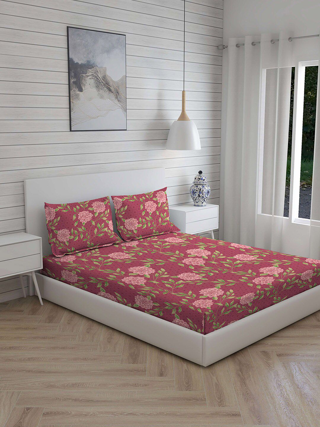 Layers Pink & Green Floral California King Bedsheet with 2 Pillow Covers Price in India