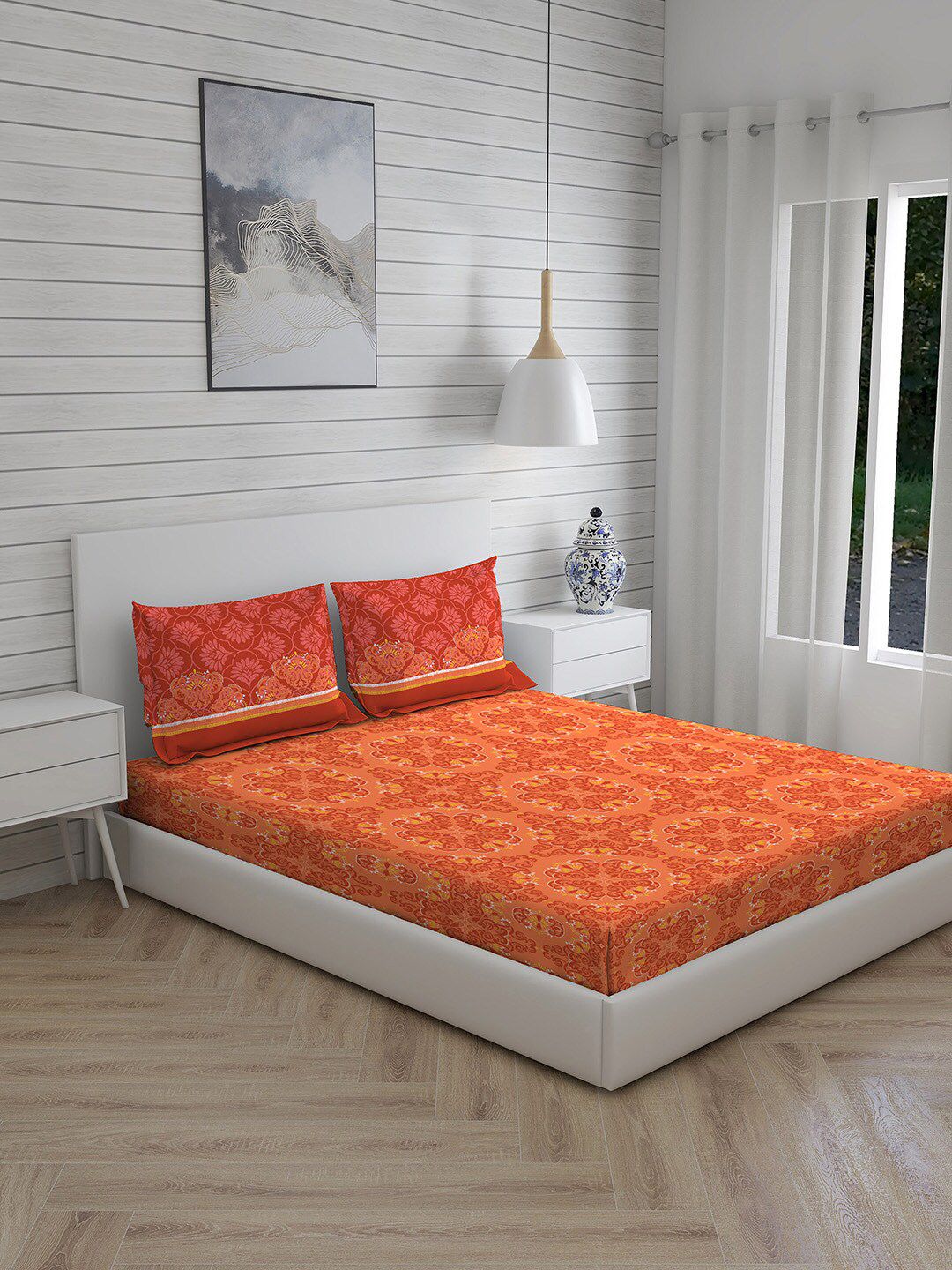 Layers Orange Ethnic Motifs 230 TC Queen Bedsheet With 2 Pillow Covers Price in India