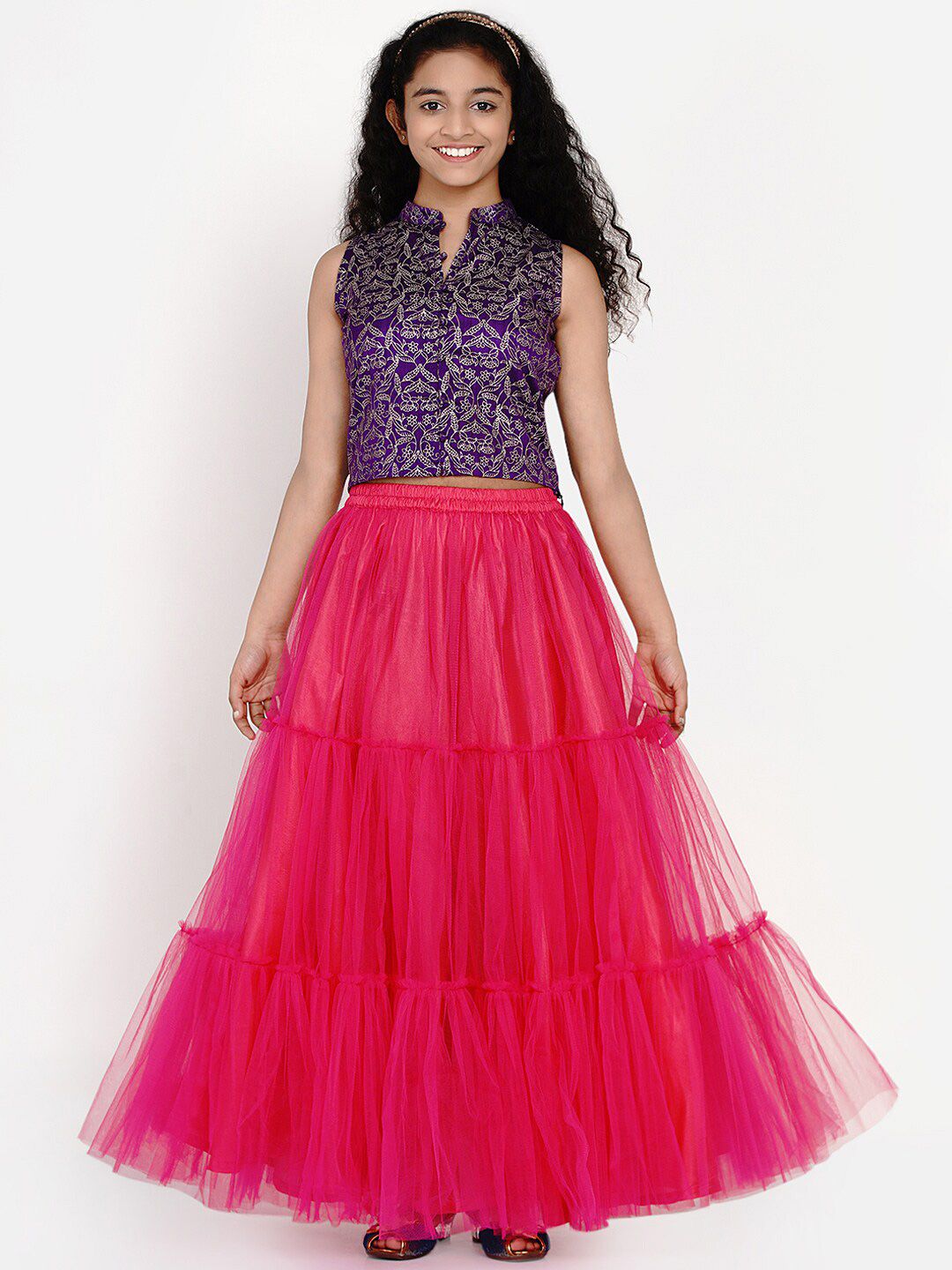 Bitiya by Bhama Girls Purple & Pink Printed Ready to Wear Lehenga & Choli
