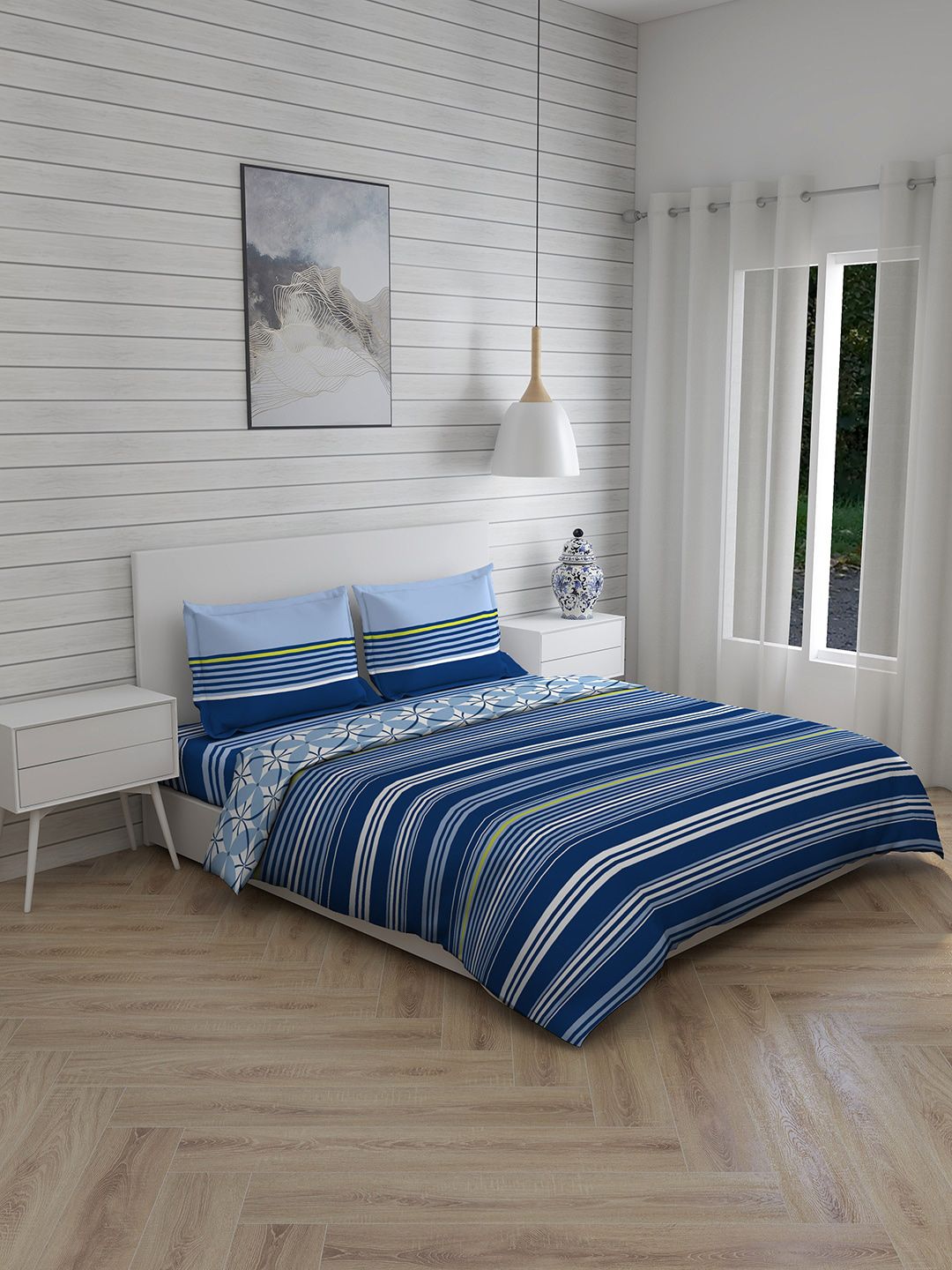 Layers Blue Striped 4pcs AC Room Double Queen Bedding Set Price in India