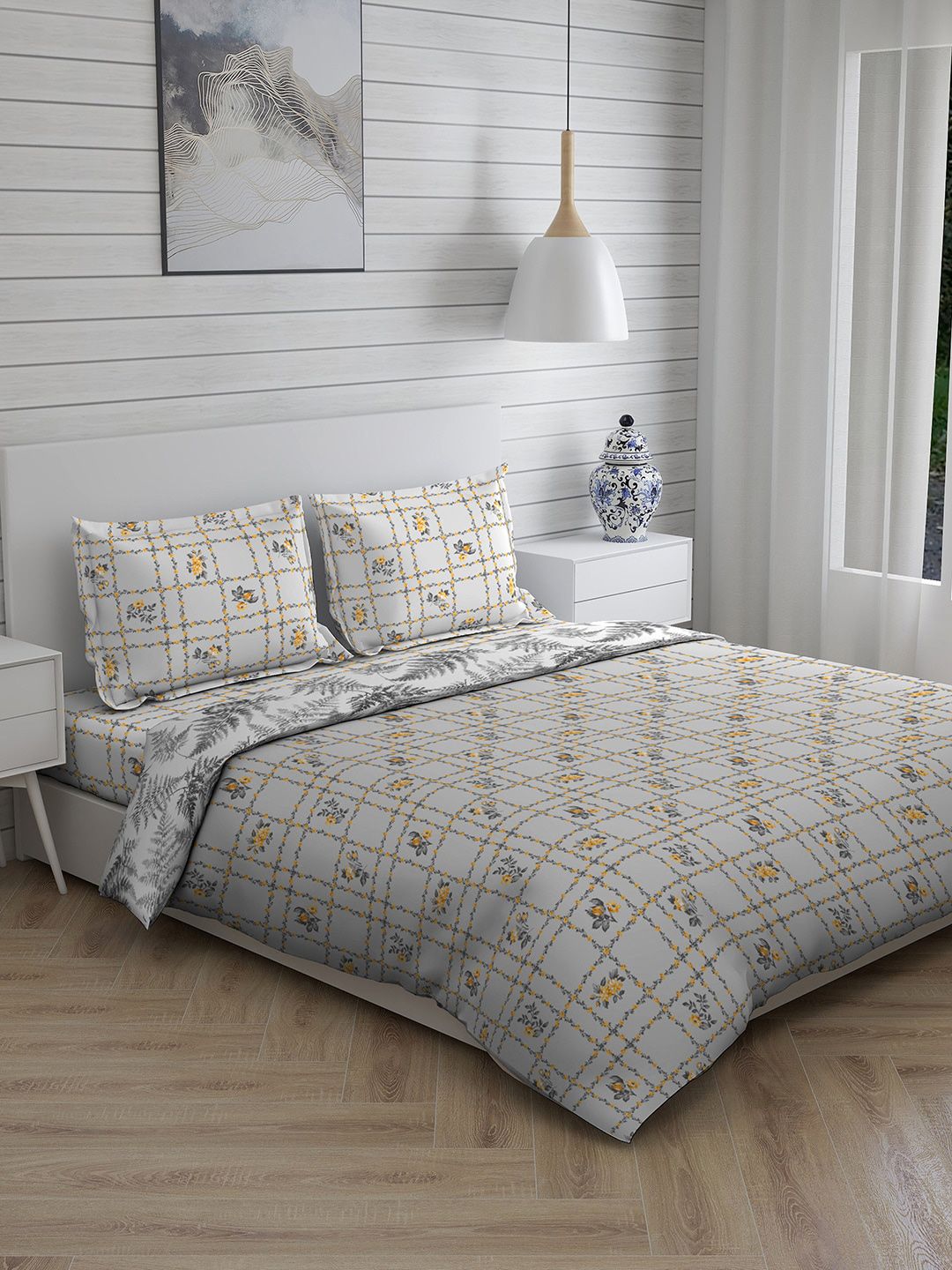 Layers Grey Floral Printed Cotton Bedding Set Price in India