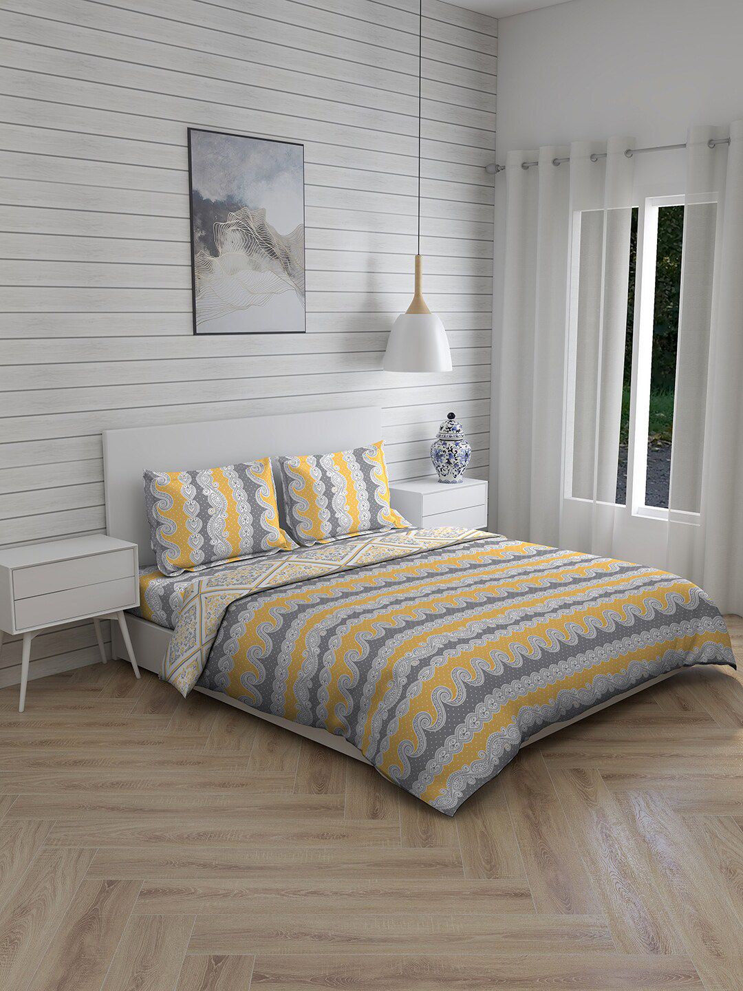 Layers Yellow & Grey Printed 4pcs AC Room Double Queen Bedding Set Price in India