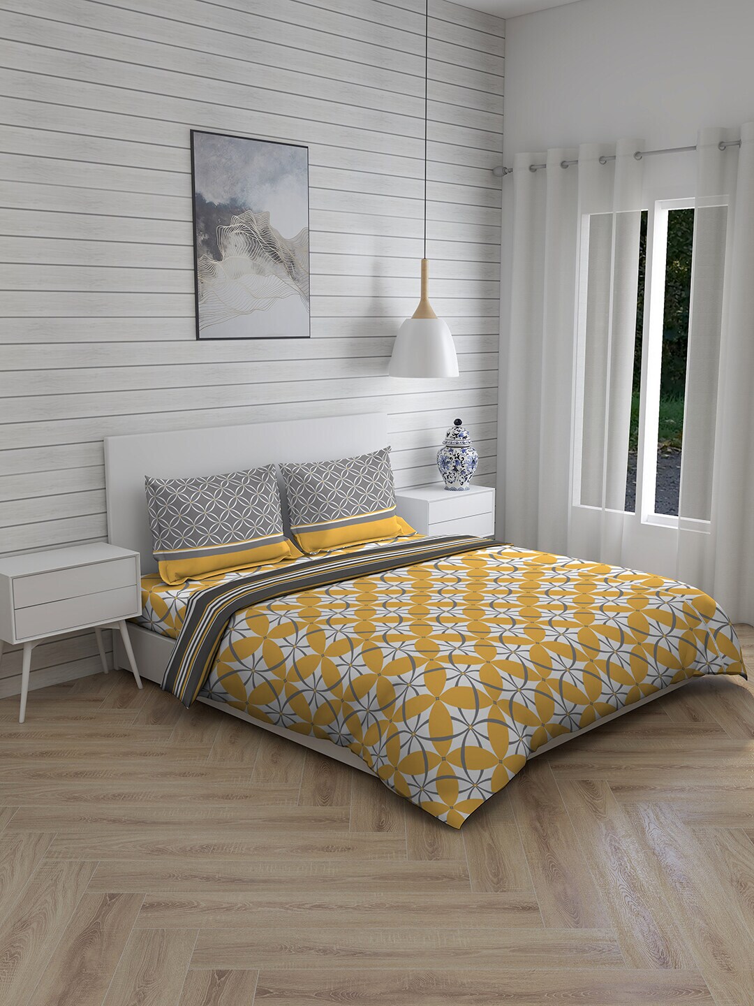 Layers Yellow & White Printed 4pcs AC Room Double Queen Bedding Set Price in India