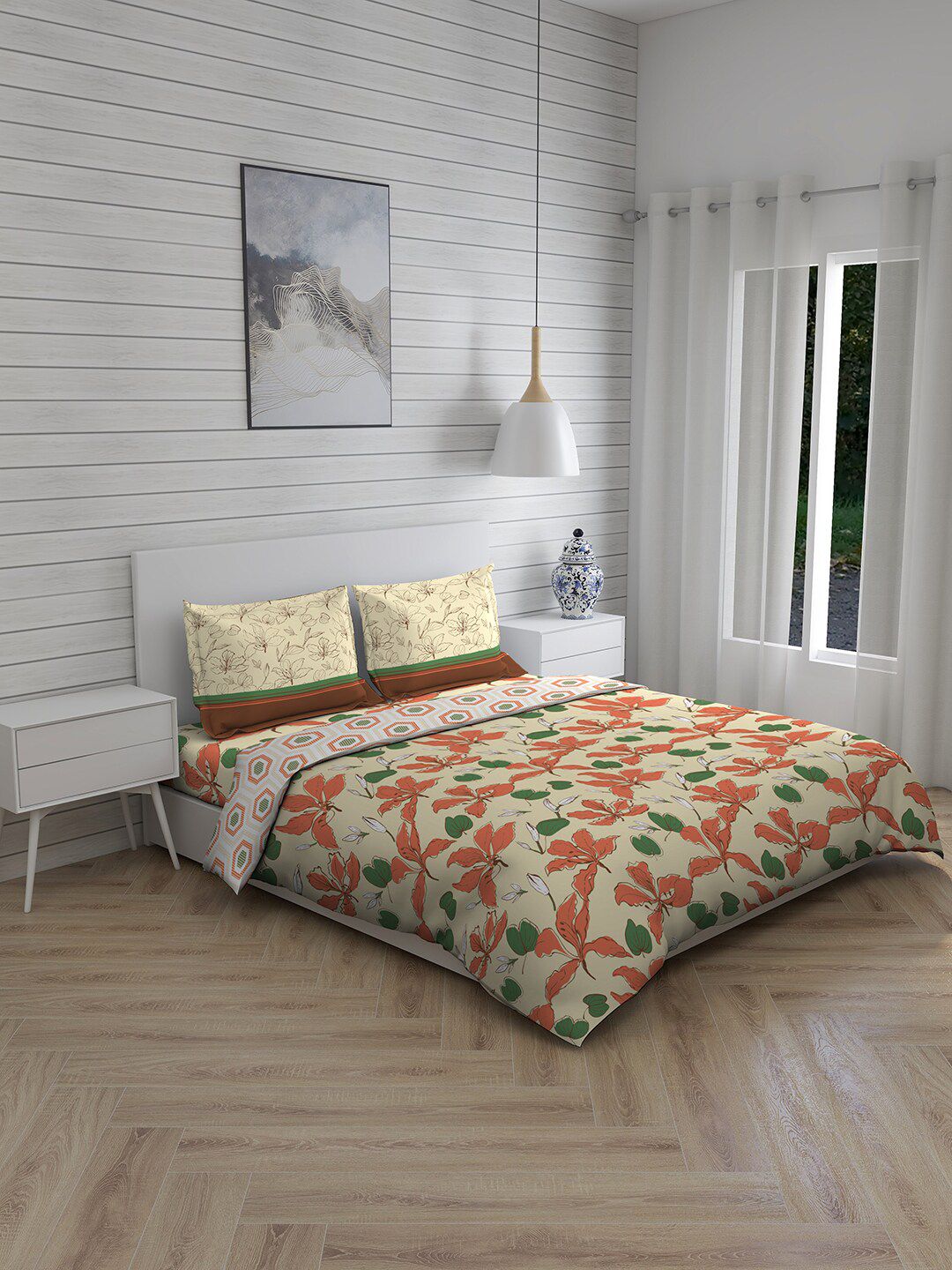 Layers Yellow & Orange Floral Double Queen Bedsheet with 2 Pillow Covers & 1 Comforter Price in India