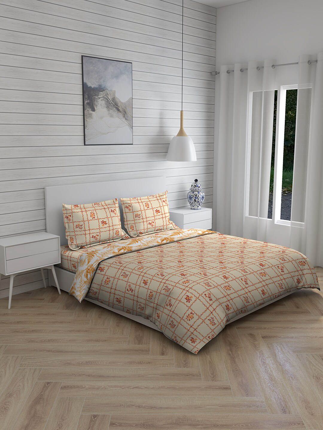 Layers Beige Floral AC Room Double King Bed Comforter & Bedsheets Set Price in India