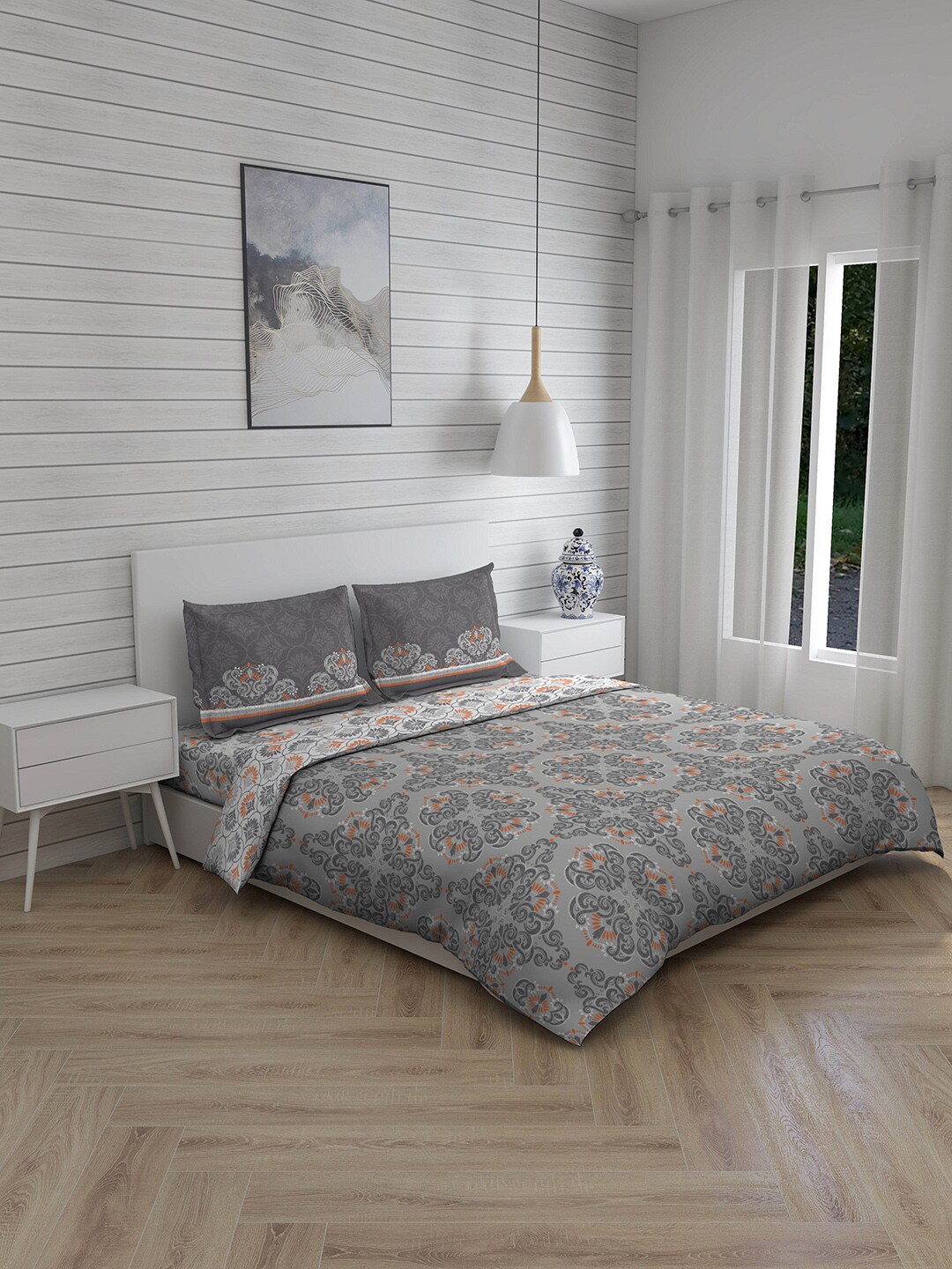 Layers Grey Printed 4pcs AC Room Double Queen Bedding Set Price in India