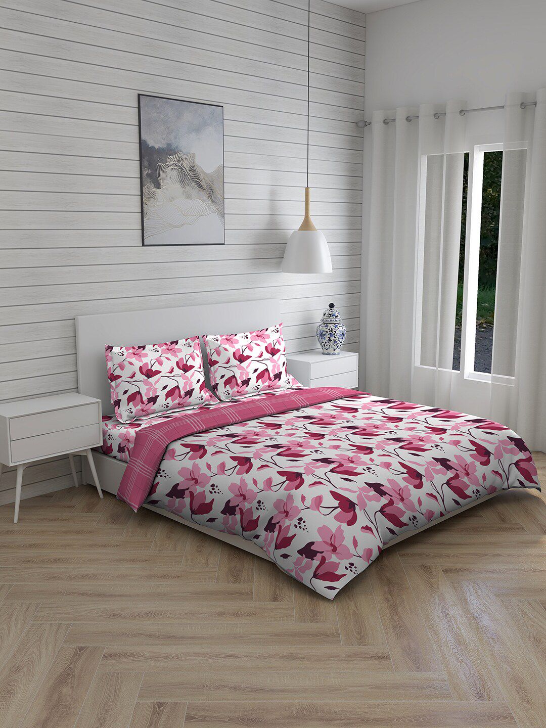 Layers Pink & White Printed Double Queen Bedsheet with 2 Pillow Covers & 1 Comforter Price in India