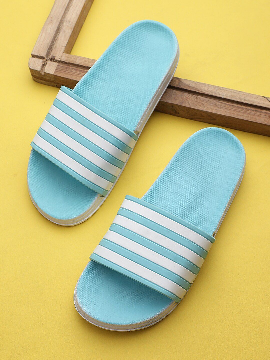 Pampy Angel Women Blue & White Striped Rubber Sliders Price in India