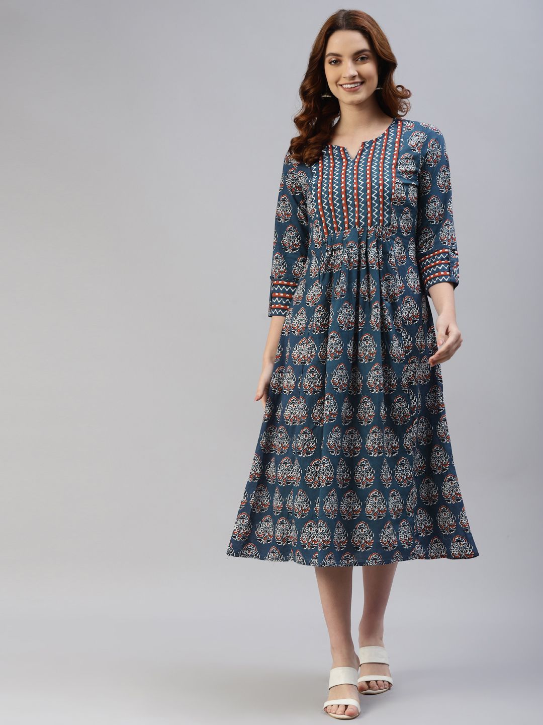 SVARCHI Women Teal Blue & White Ethnic Motifs Printed A-Line Midi Dress Price in India