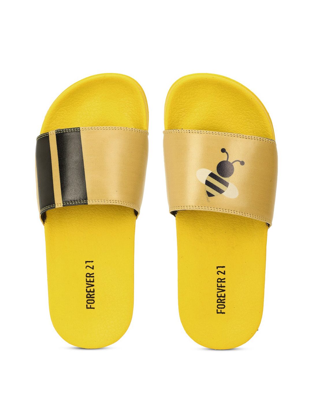FOREVER 21 Women Yellow & Gold-Toned Printed Sliders Price in India