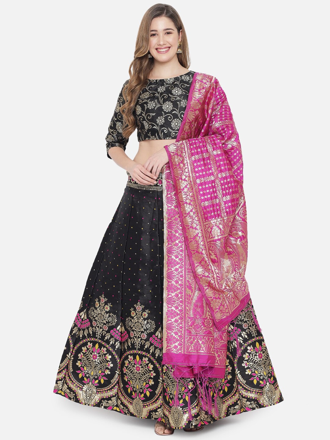 DIVASTRI Black & Pink Printed Ready to Wear Lehenga & Unstitched Blouse With Dupatta Price in India