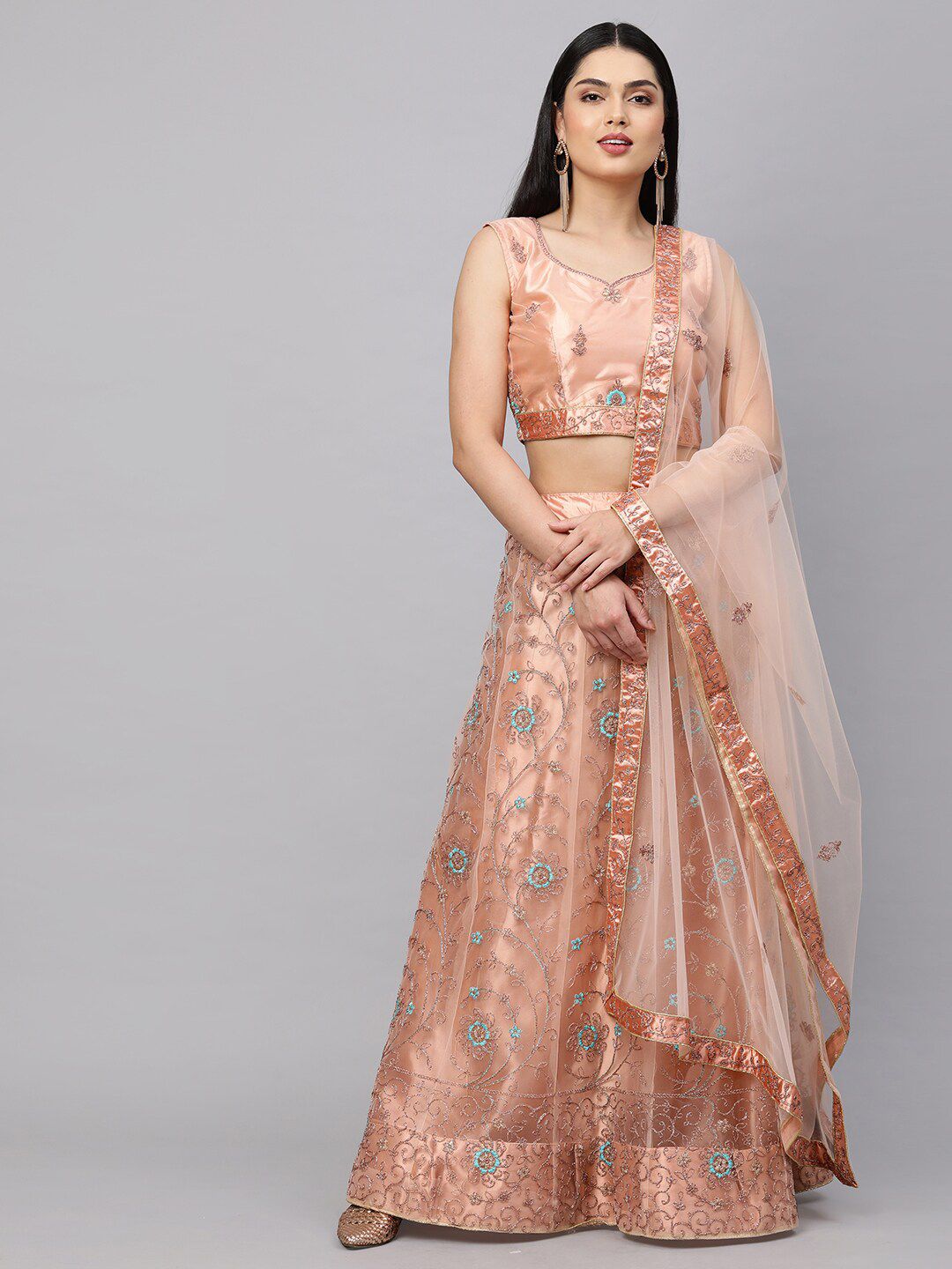 Rajesh Silk Mills Peach-Coloured & Blue Embellished Semi-Stitched Lehenga & Unstitched Blouse With Dupatta Price in India