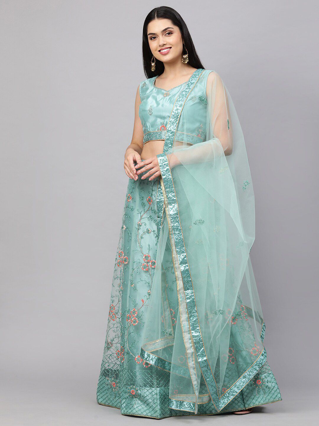 Rajesh Silk Mills Teal & Peach-Coloured Embellished Semi-Stitched Lehenga & Unstitched Blouse With Dupatta Price in India