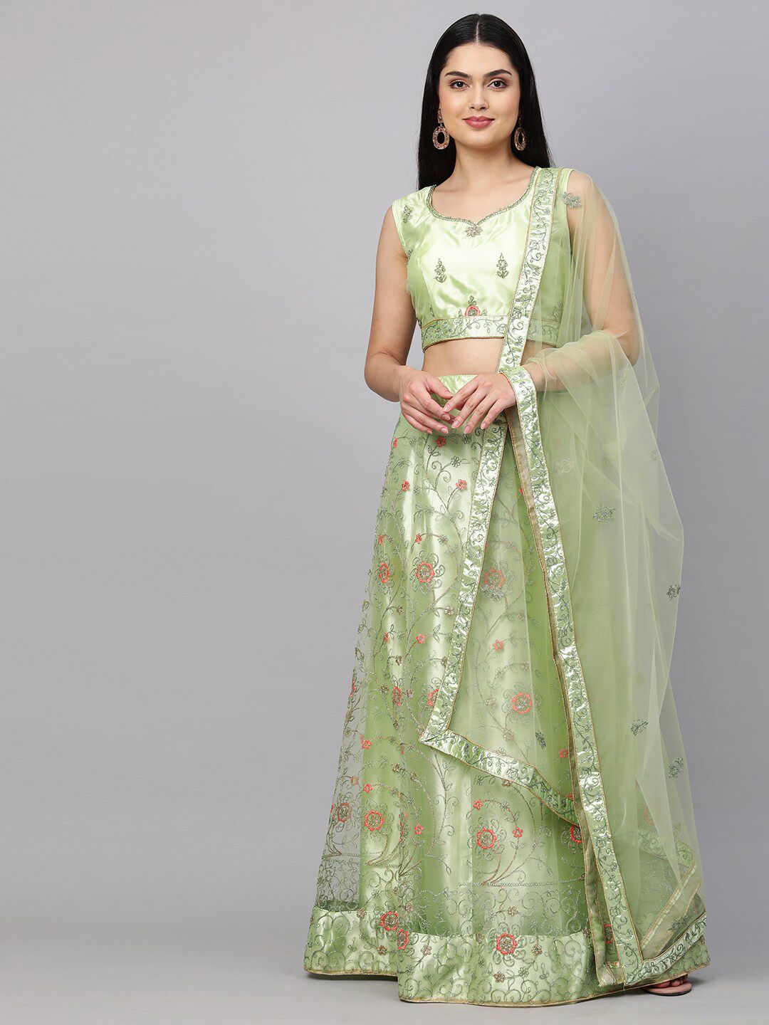 Rajesh Silk Mills Green Embellished Semi-Stitched Lehenga & Unstitched Blouse With Dupatta Price in India