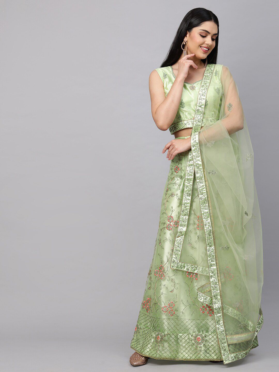 Rajesh Silk Mills Green Embroidered Semi-Stitched Lehenga & Unstitched Blouse With Dupatta Price in India