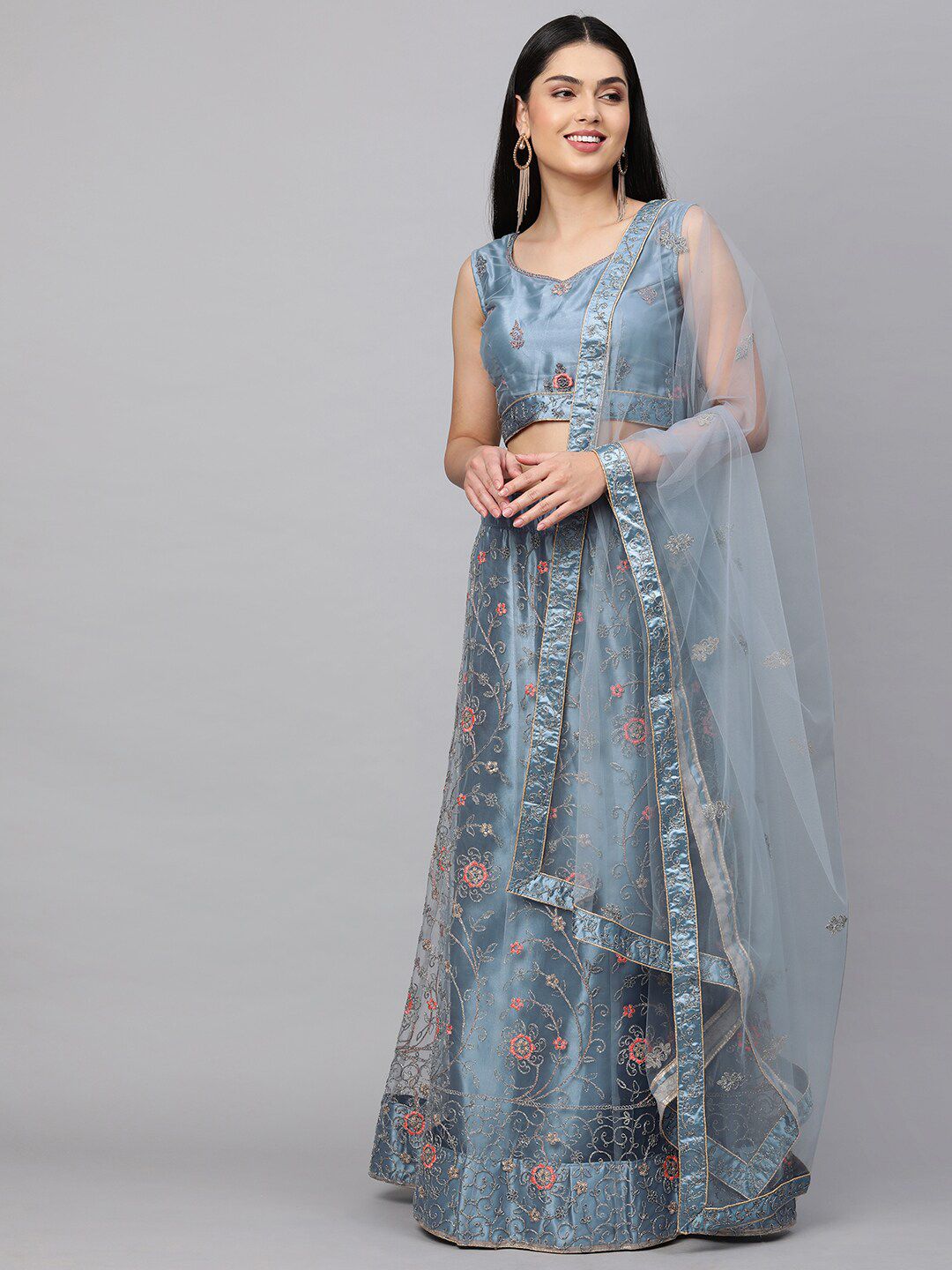 Rajesh Silk Mills Grey & Silver-Toned Embellished Semi-Stitched Lehenga & Unstitched Blouse With Dupatta Price in India