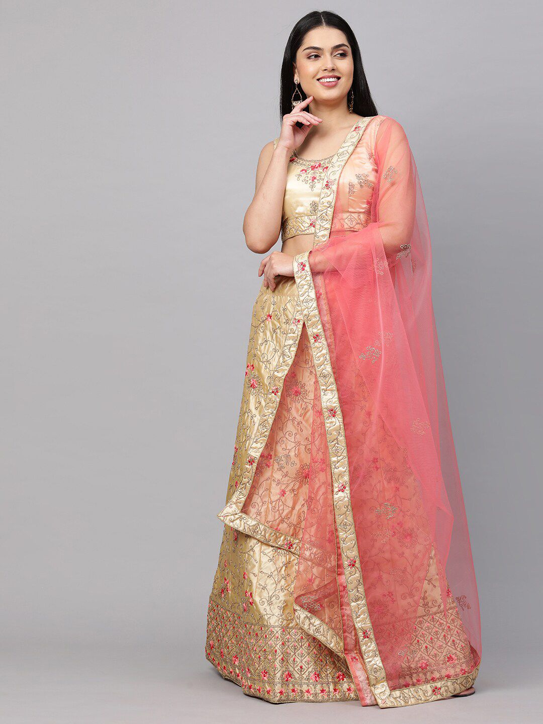 Rajesh Silk Mills Cream-Coloured & Pink Embellished Semi-Stitched Lehenga & Unstitched Blouse With Dupatta Price in India