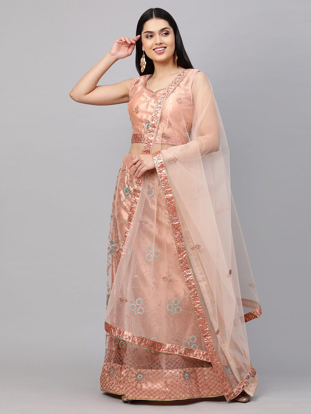 Rajesh Silk Mills Peach-Coloured & Silver-Toned Embellished Semi-Stitched Lehenga & Unstitched Blouse With Price in India