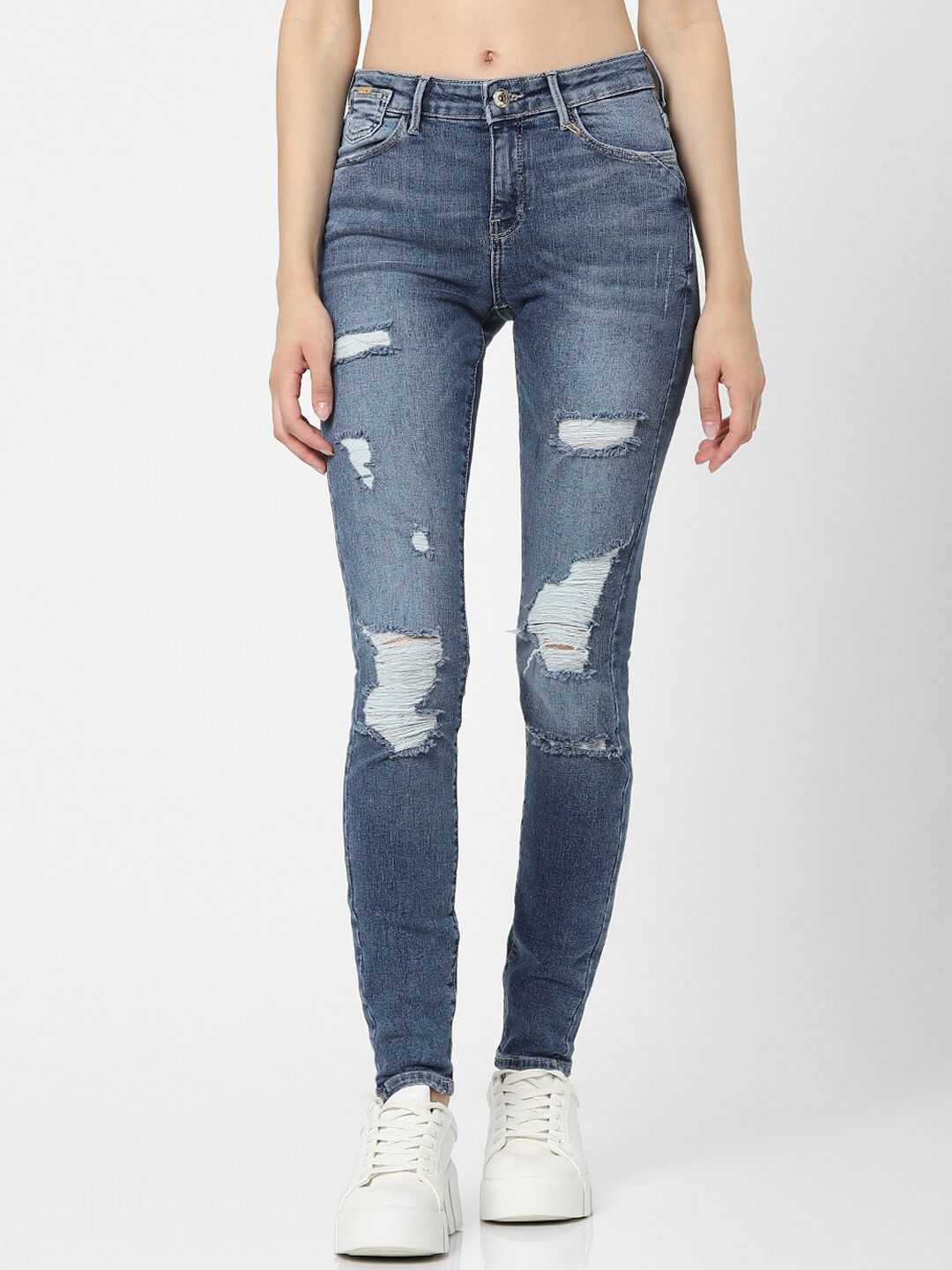 ONLY Women Blue Skinny Fit High-Rise Highly Distressed Heavy Fade Jeans Price in India