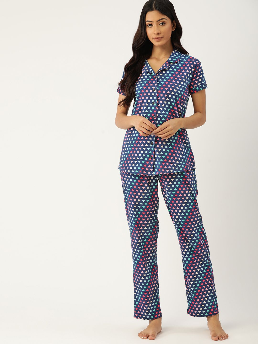 ETC Women Blue & Pink Pure Cotton Conversational Print Night suit Price in India