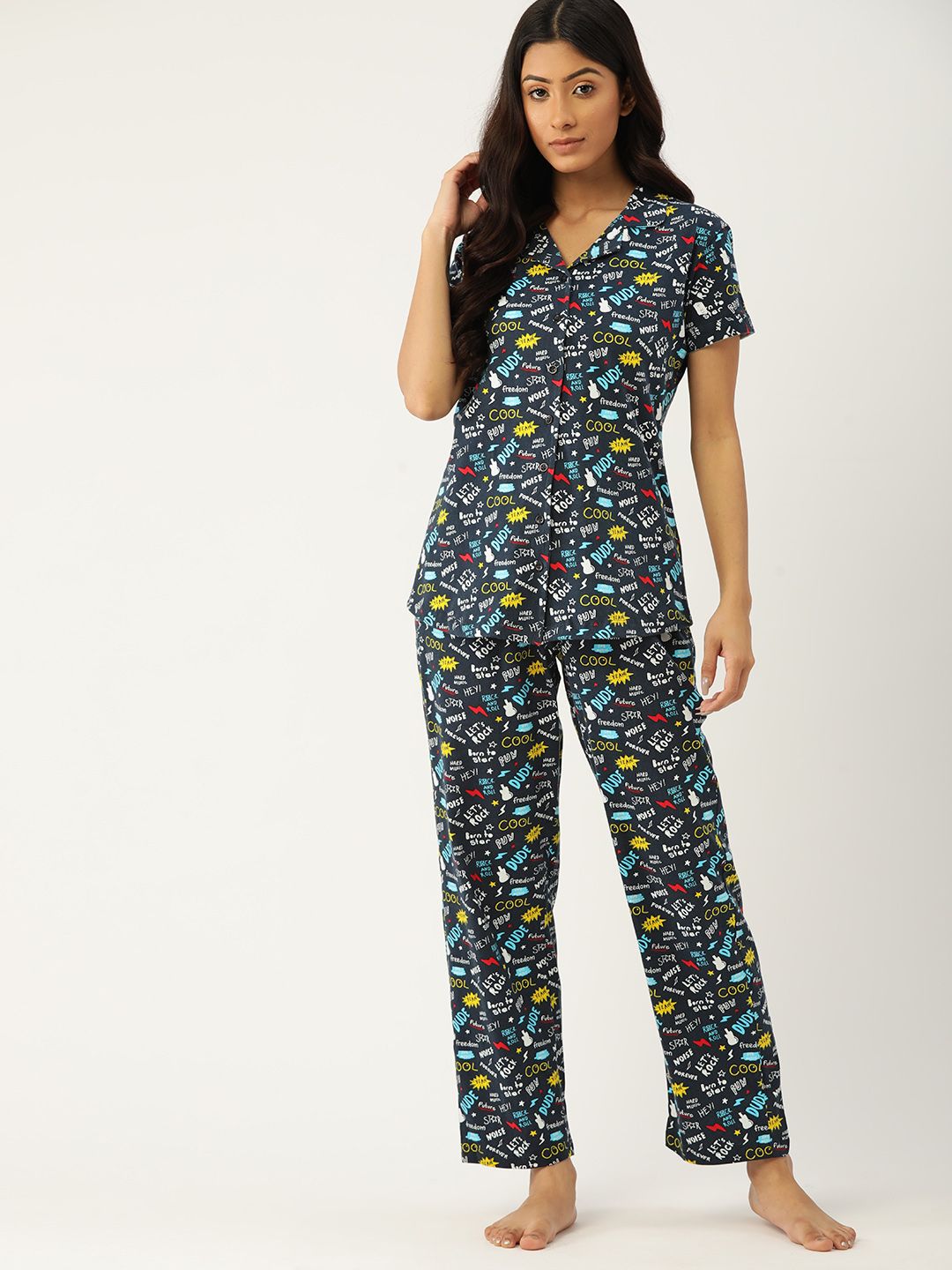 ETC Women Navy Blue & Yellow Pure Cotton Printed Night suit Price in India