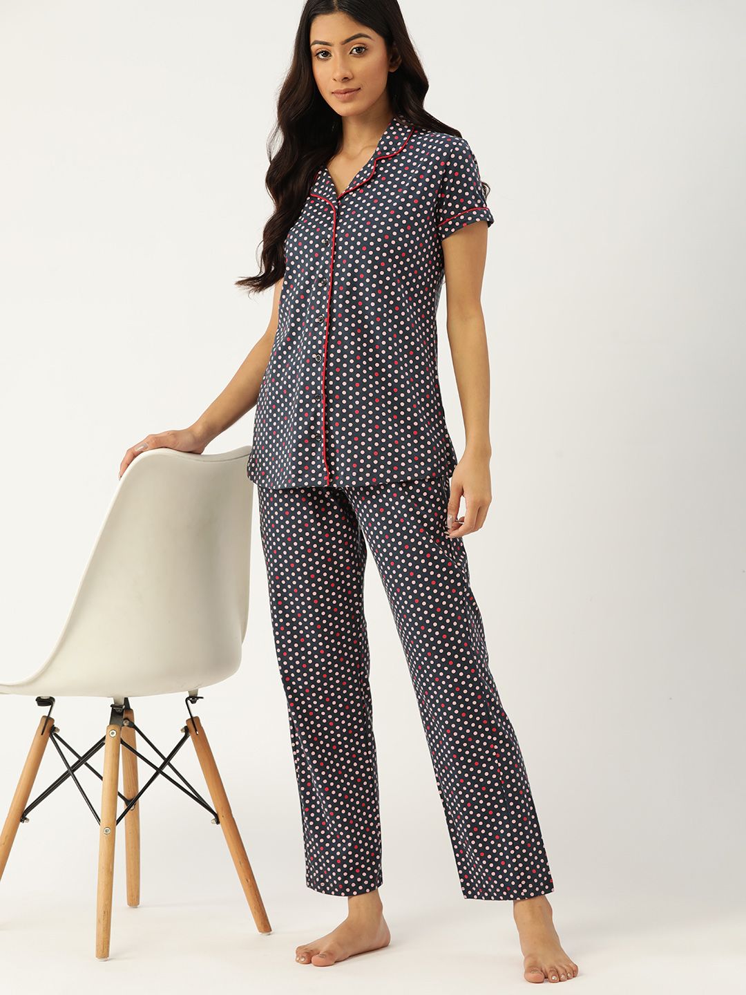 ETC Women Grey & Red Pure Cotton Polka Dot Printed Night suit Price in India