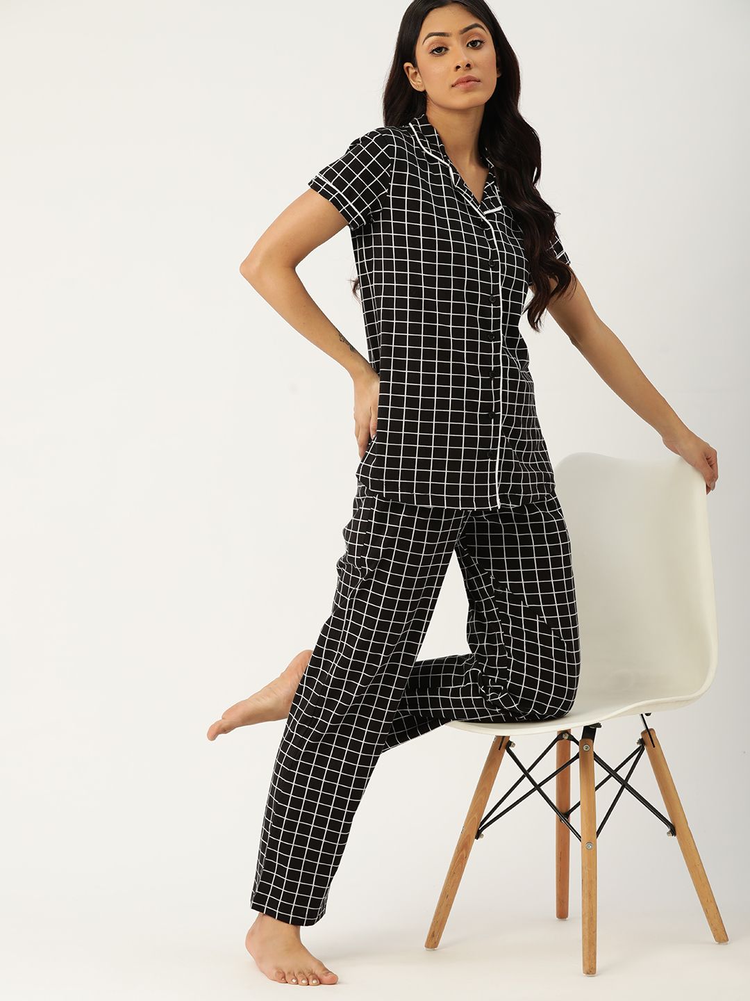 ETC Women Black & White Checked Cotton Pyjama Set Price in India