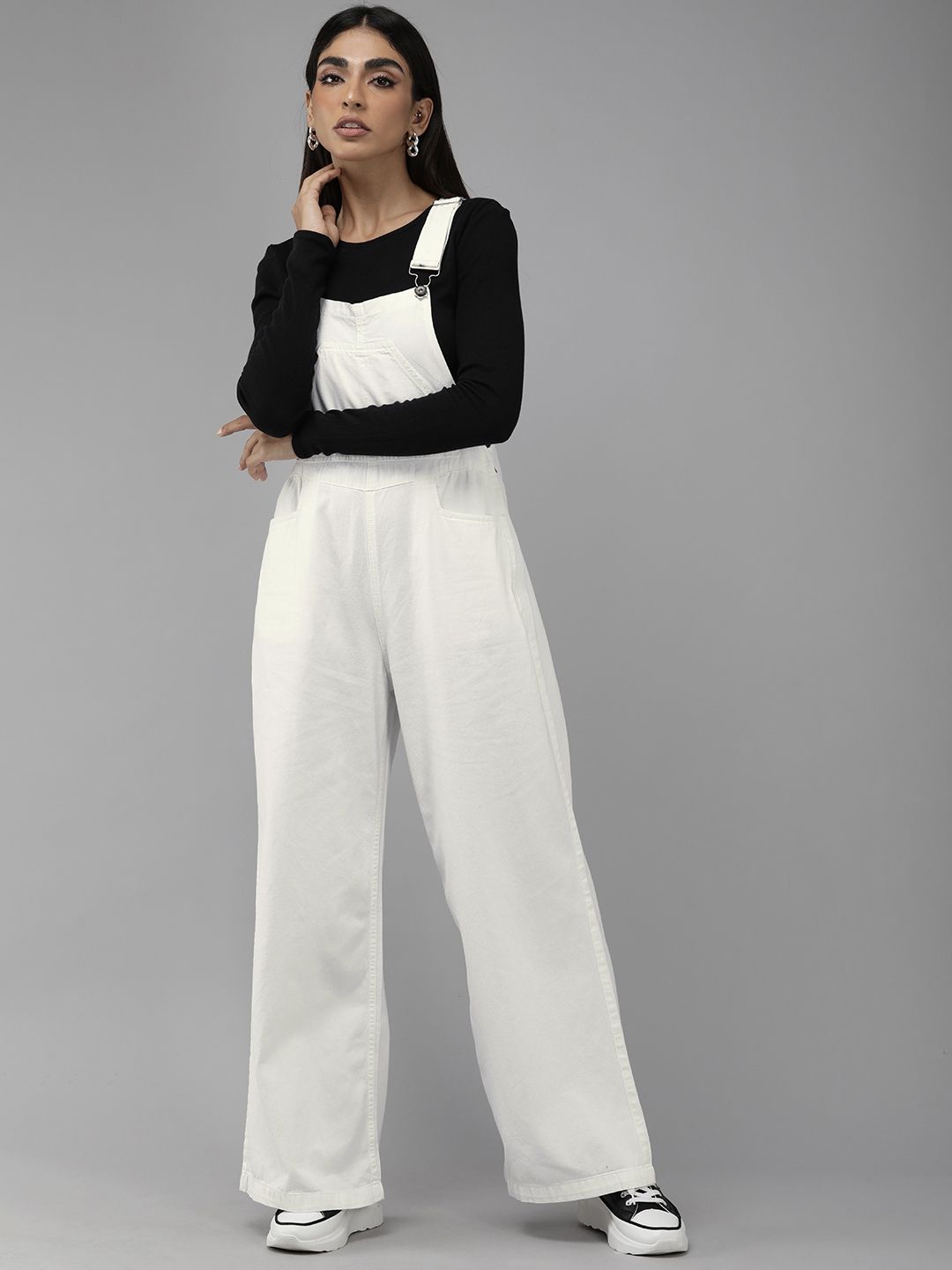 The Roadster Lifestyle Co. Women White Solid High Rise Wide-Leg Denim Dungarees Price in India