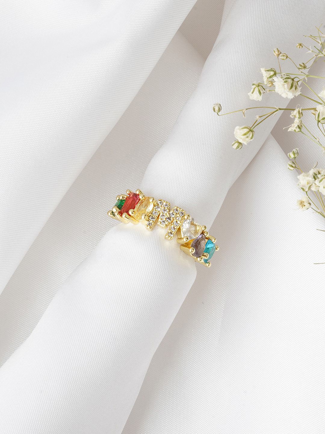 JOKER & WITCH Multi-Coloured & Gold-Plated Rhinestone Studded Finger Ring Price in India