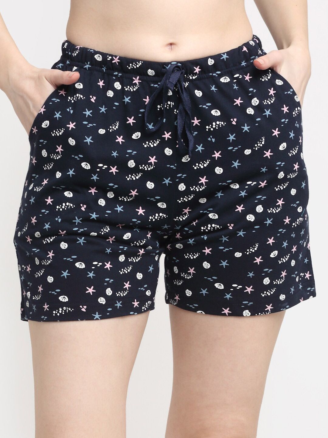 Kanvin Women Navy Blue & White Cotton Printed Lounge Shorts Price in India