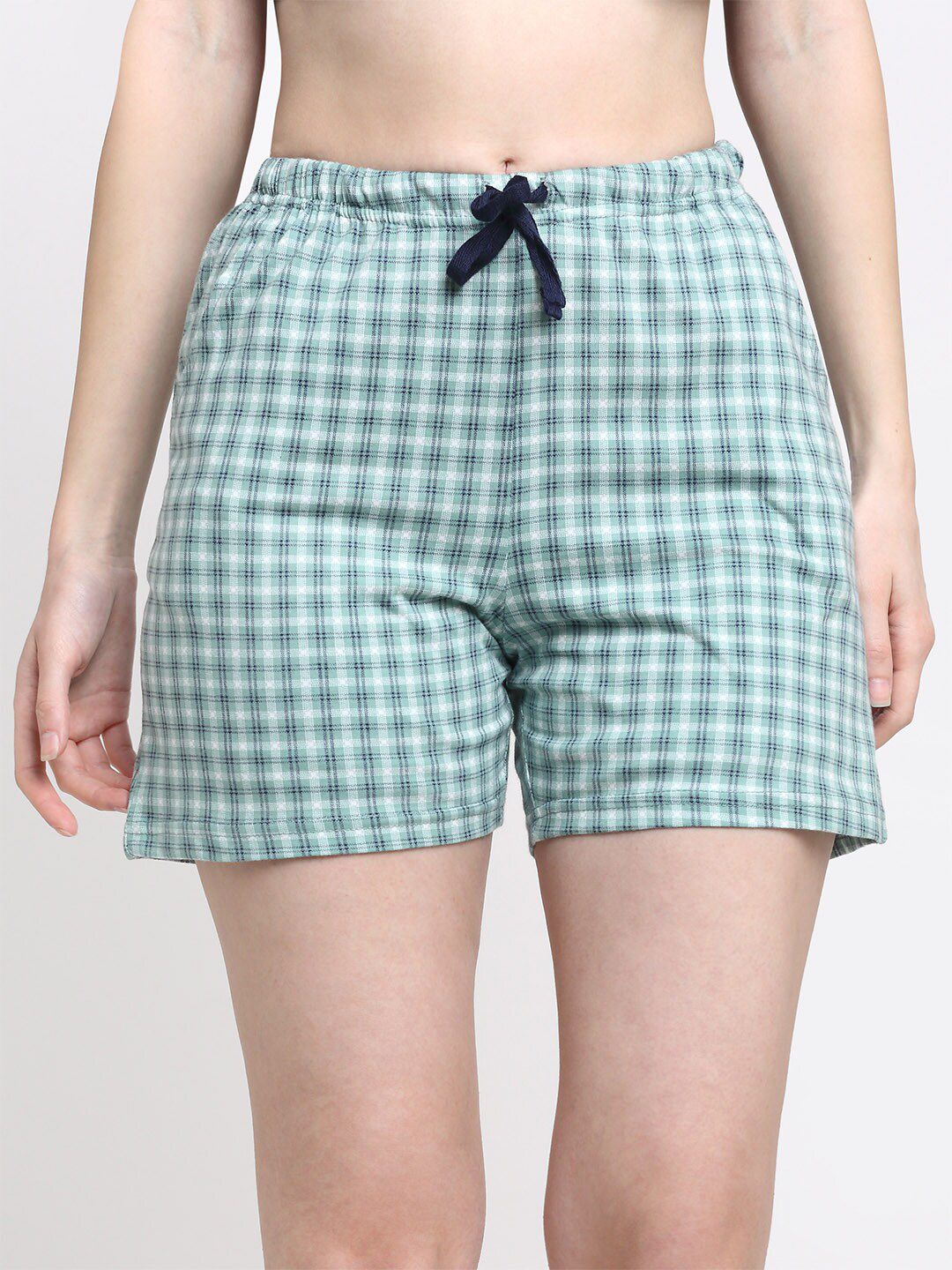 Kanvin Women Green & Black Checked Pure Cotton Lounge Shorts Price in India