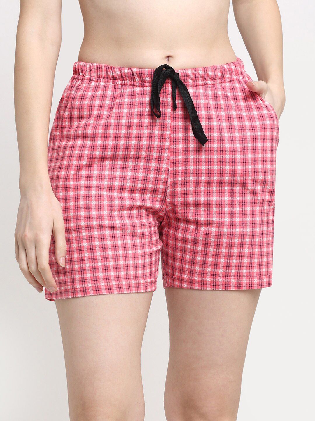 Kanvin Women Pink Checked Pure Cotton Lounge Shorts Price in India