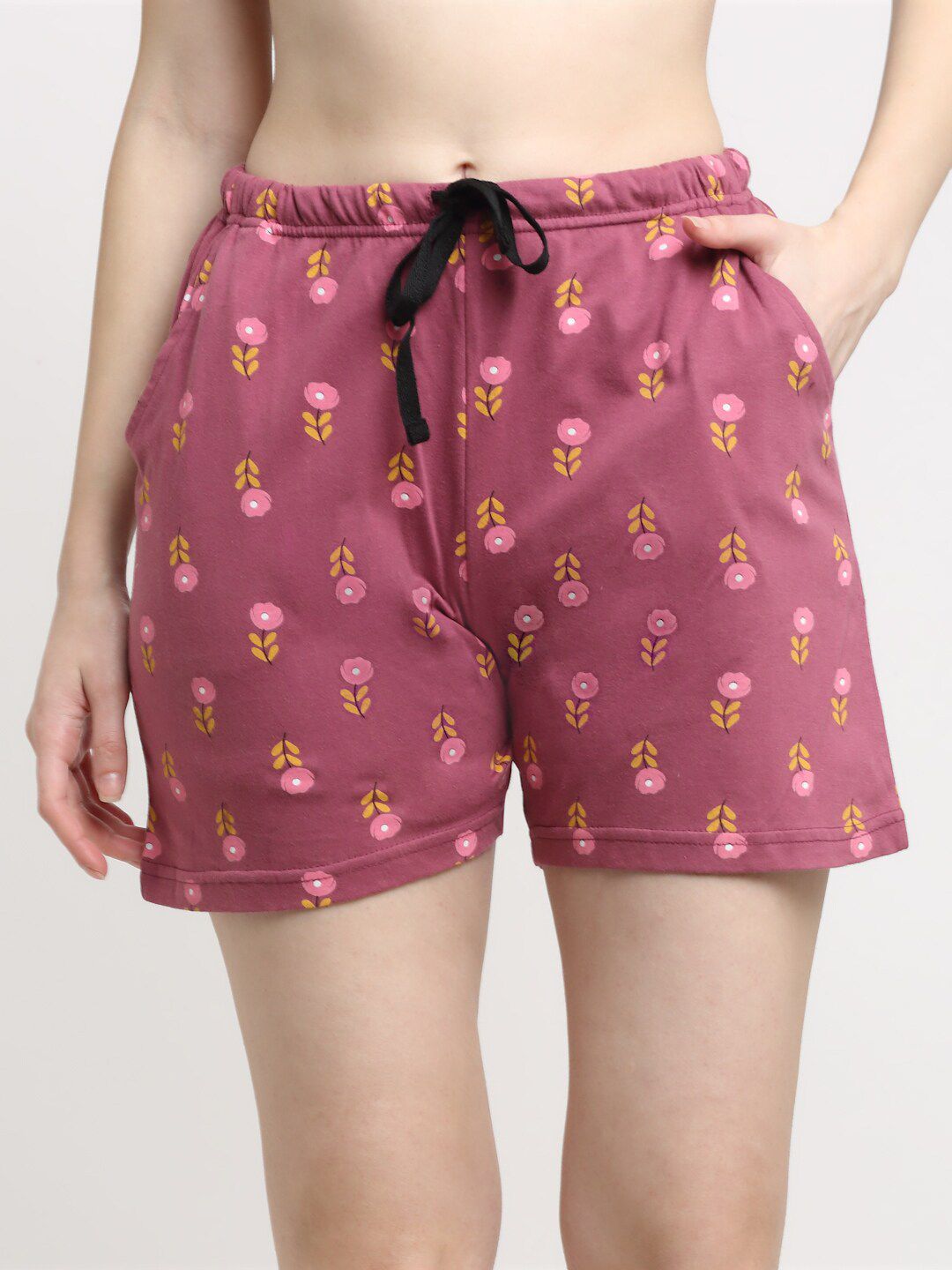 Kanvin Women Pink & Yellow Printed Cotton Lounge Shorts Price in India