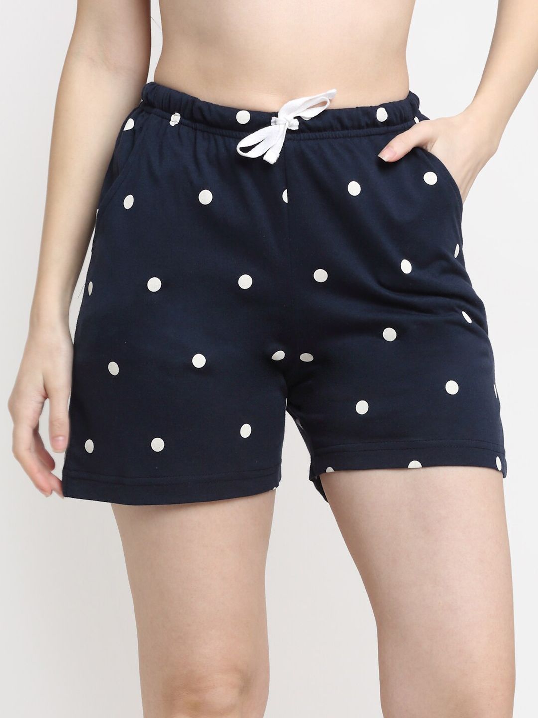 Kanvin Women Navy Blue & White Printed Pure Cotton Lounge Shorts Price in India