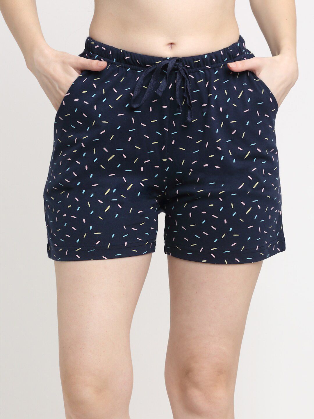 Kanvin Women Navy Blue Printed Mid-Rise Pure Cotton Lounge Shorts Price in India