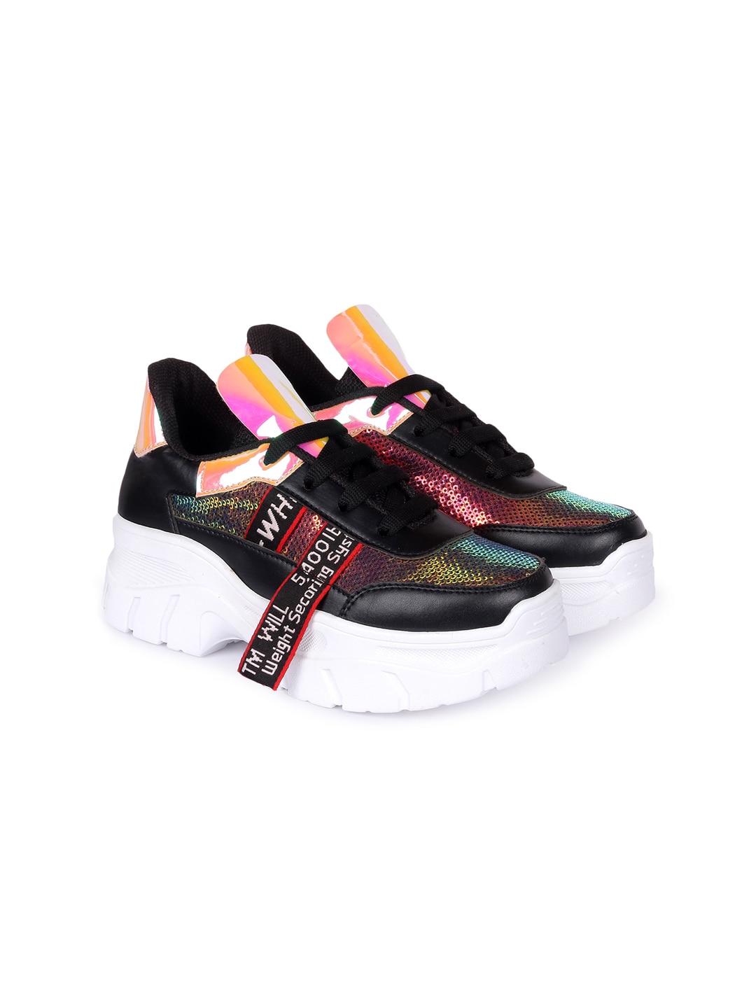 VENDOZ Women Black & Pink Colourblocked Chunky Sneakers With Light Weight Technology Price in India