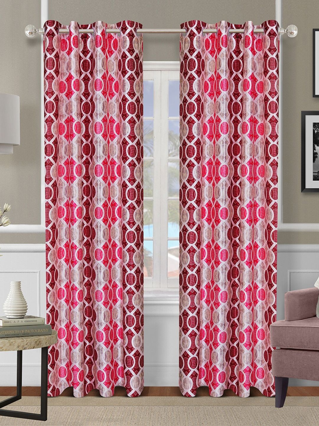 ROMEE Pink & Beige Set of 2 Geometric Room Darkening Long Door Curtain Price in India
