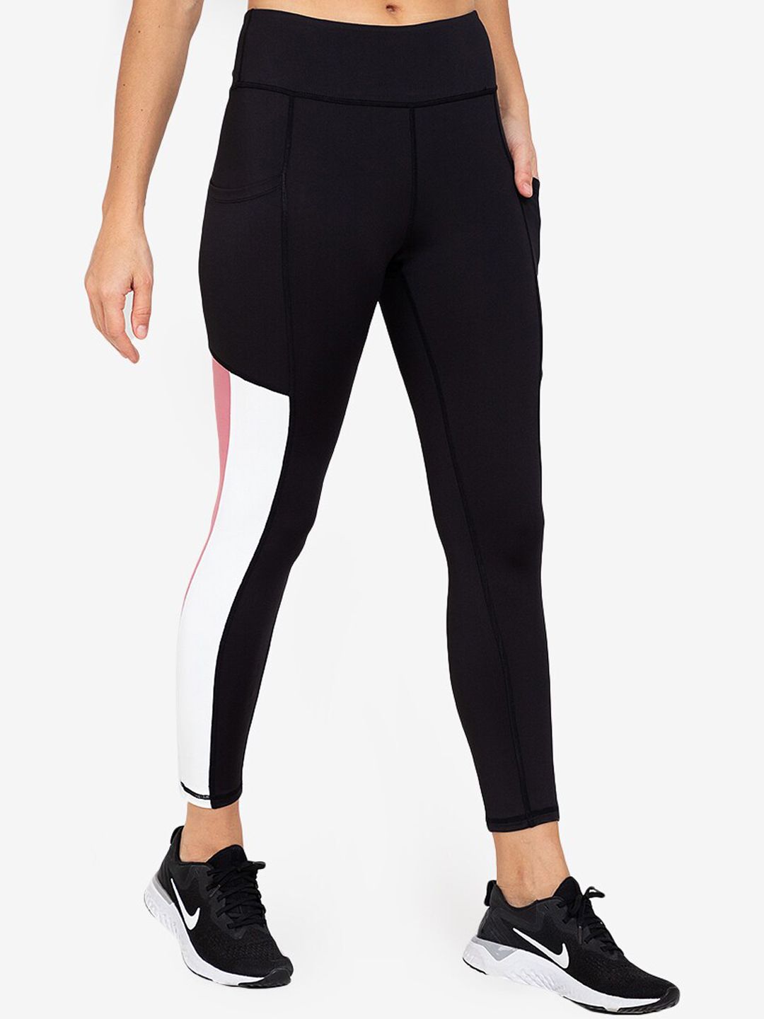 ZALORA ACTIVE Women Black Colourblocked Side Striped Sports Tights Price in India