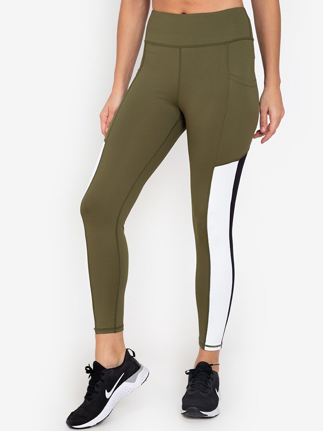 ZALORA ACTIVE Women Olive Green Side Stripe Detail Tights Price in India