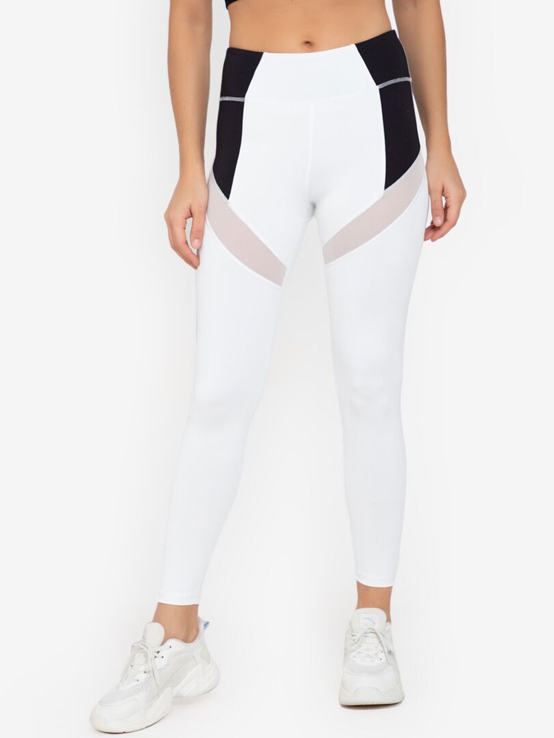 ZALORA ACTIVE Women White & Black Colourblocked Mesh Tights Price in India