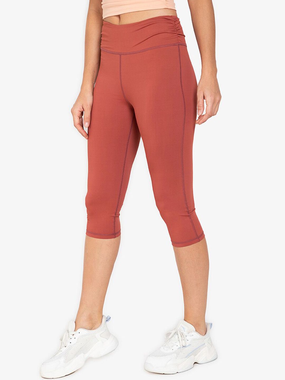 ZALORA ACTIVE Women Dark Orange Gathered Waist Capri Tights Price in India